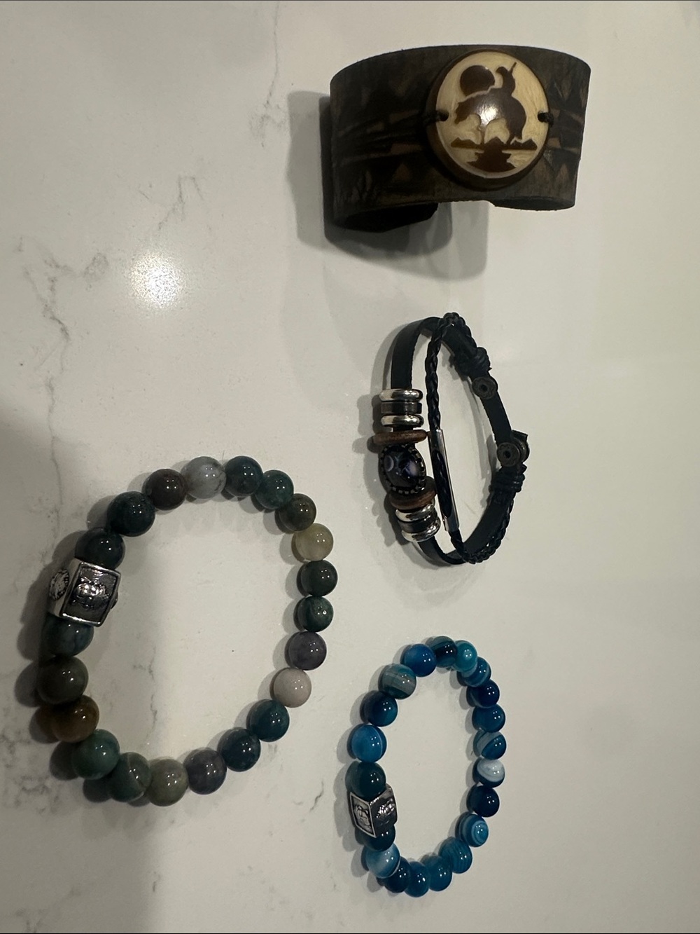 Men's/Women's Mixed Bead and Leather Bracelet Set - Blue & Green Accents